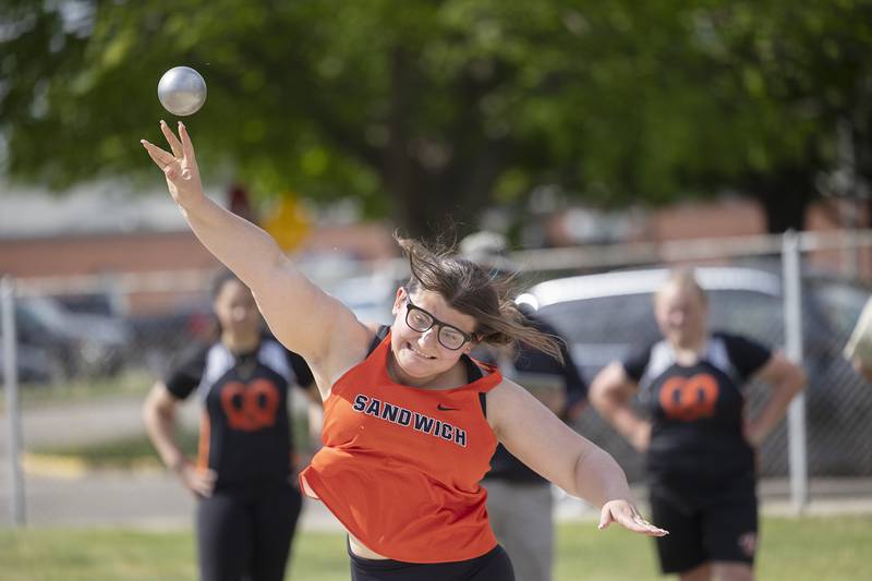 Sandwich’s Arbenita Rushani throws the shot Wednesday, May 14, 2025, during Sectionals at Sterling High School.