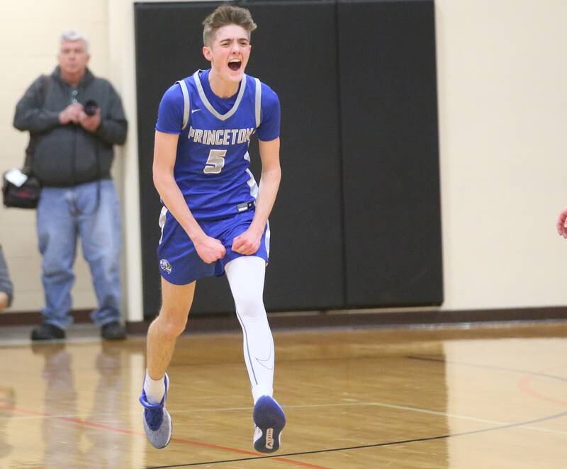 Princeton's Landen Koning reacts during the Class 2A Regional final game on Friday, Feb. 23, 2024 at Erie-Prophetstown High School.