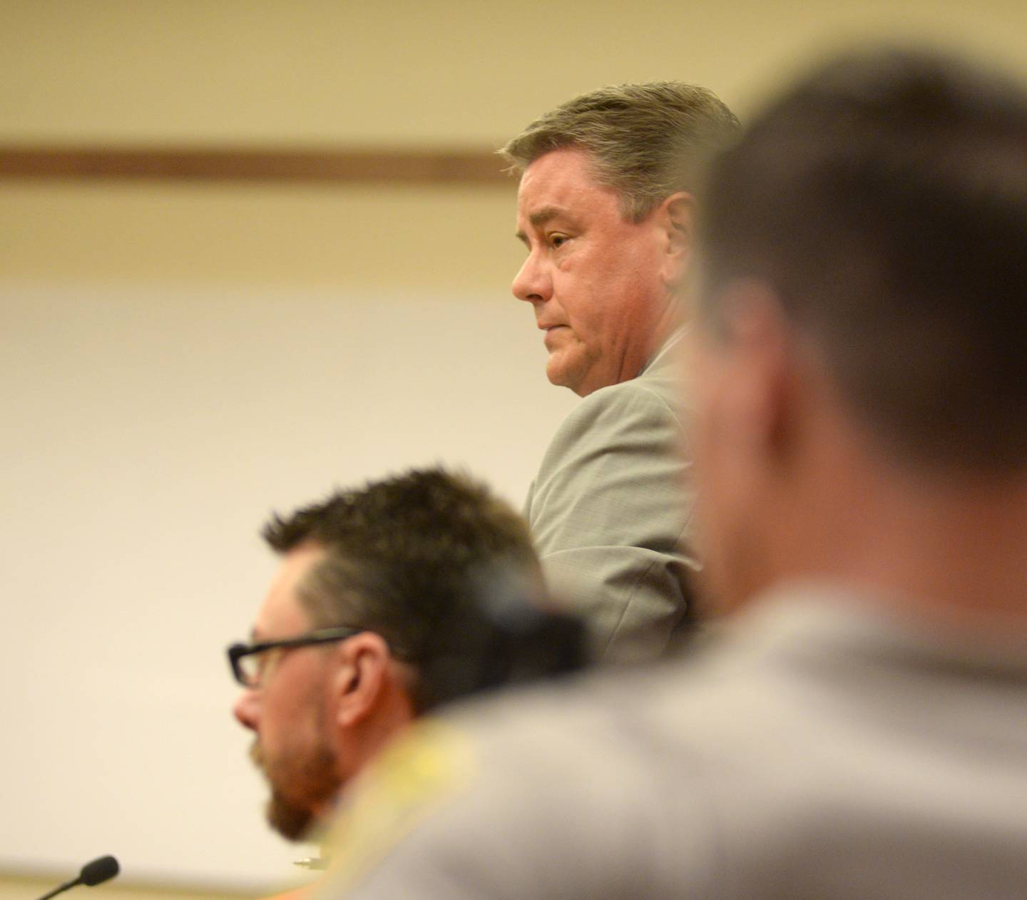 Christopher DeRango, the defense attorney for Duane Meyer (seated) tells Ogle County Judge John "Ben" Roe why some crime scene photos should not be allowed as evidence during a motion in limine hearing  on Friday, June 27, 2025. Meyer is charged with killing his ex-wife Maggie Rosko Meyer and their 3-year-old son in 2016.