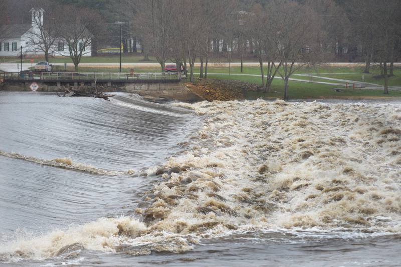 Rock River water levels continued to rise Thursday, April 4, 2024 as evidenced by the amount of water passing over the Oregon dam. The National Weather Service issued a minor flood warning for the Rock River through Ogle County to Dixon through Sunday.