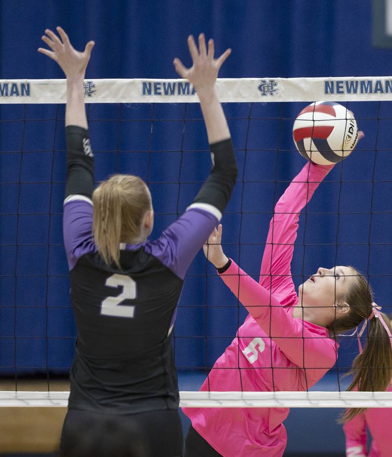 Newman’s Kennedi Shippert plays the ball over the net Thursday, Oct. 3, 2024, at Newman High School.