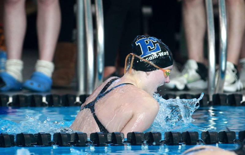 Lincoln-Way East’s Ellie Egan swims the 200-yard individual medley consolation heat during the IHSA Girls State Swimming and Diving Championships at the FMC Natatorium in Westmont on Saturday, Nov. 11, 2023.