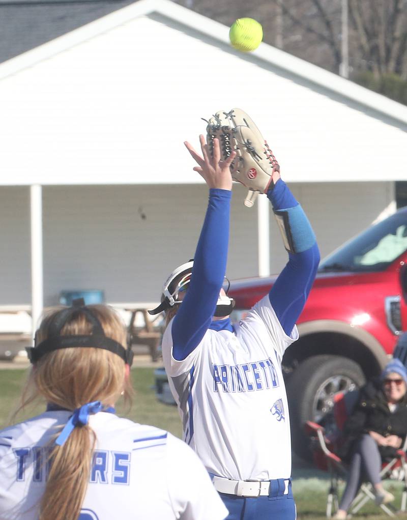 Princeton's Samantha Woolley makes a catch at first base on Tuesday, March 19, 2024 in Princeton.