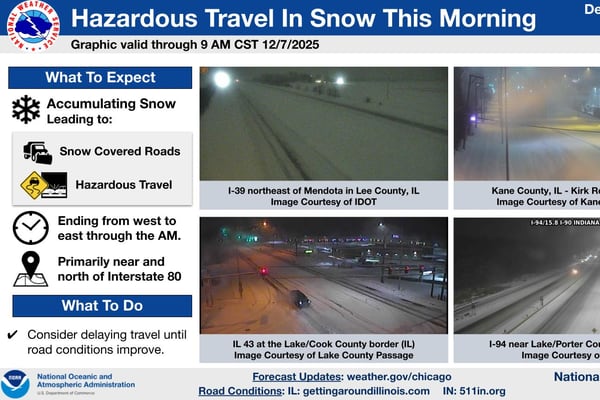 Snow-covered roads slow Sunday travel across northern Illinois; lake-effect snow to follow