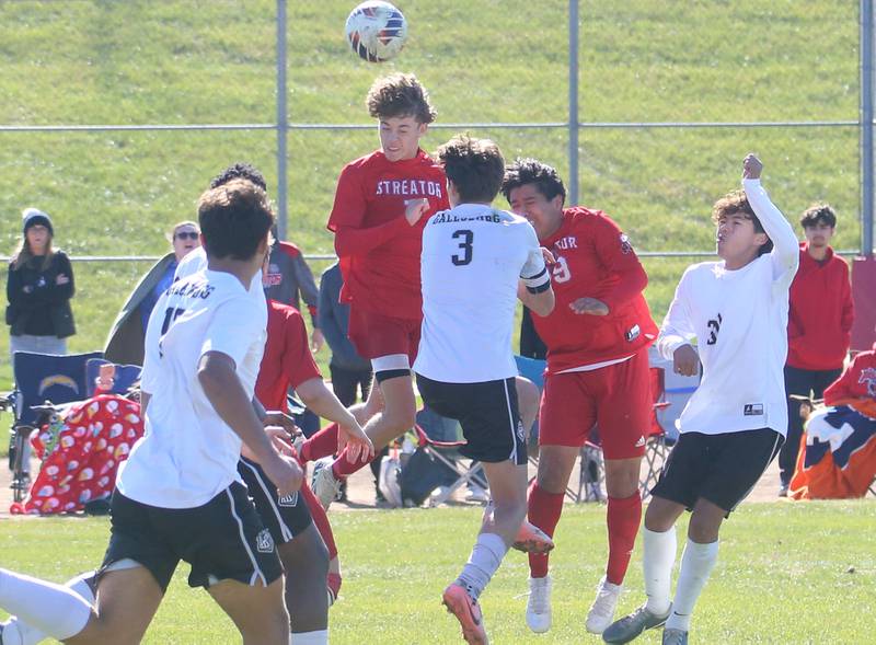 Streator's Issca Fowler beats Galesburg's Travis Henry to ha header in the box during the Class 2A Regional final on Saturday, Oct. 26, 2024 at Ottawa High School.