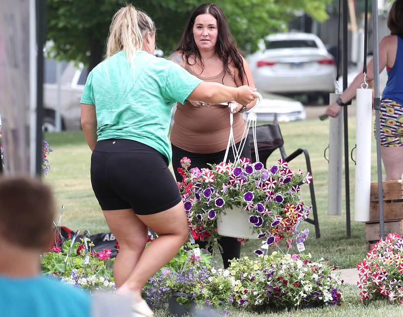 Kelli Huggins, from Sycamore, buys a hanging basket at the Shady Tree Farm Market tent Tuesday, June 6, 2023, at the Sycamore Farmers’ Market, on the lawn of the DeKalb County Courthouse.