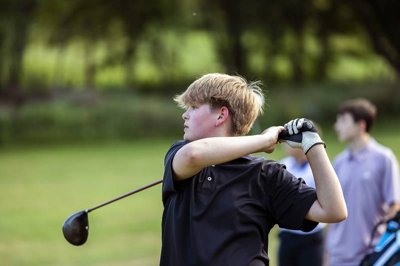 Malyx Plock, 14, tees off on hole three, Wednesday, Sept. 10, 2025, at Timber Creek in Dixon.
