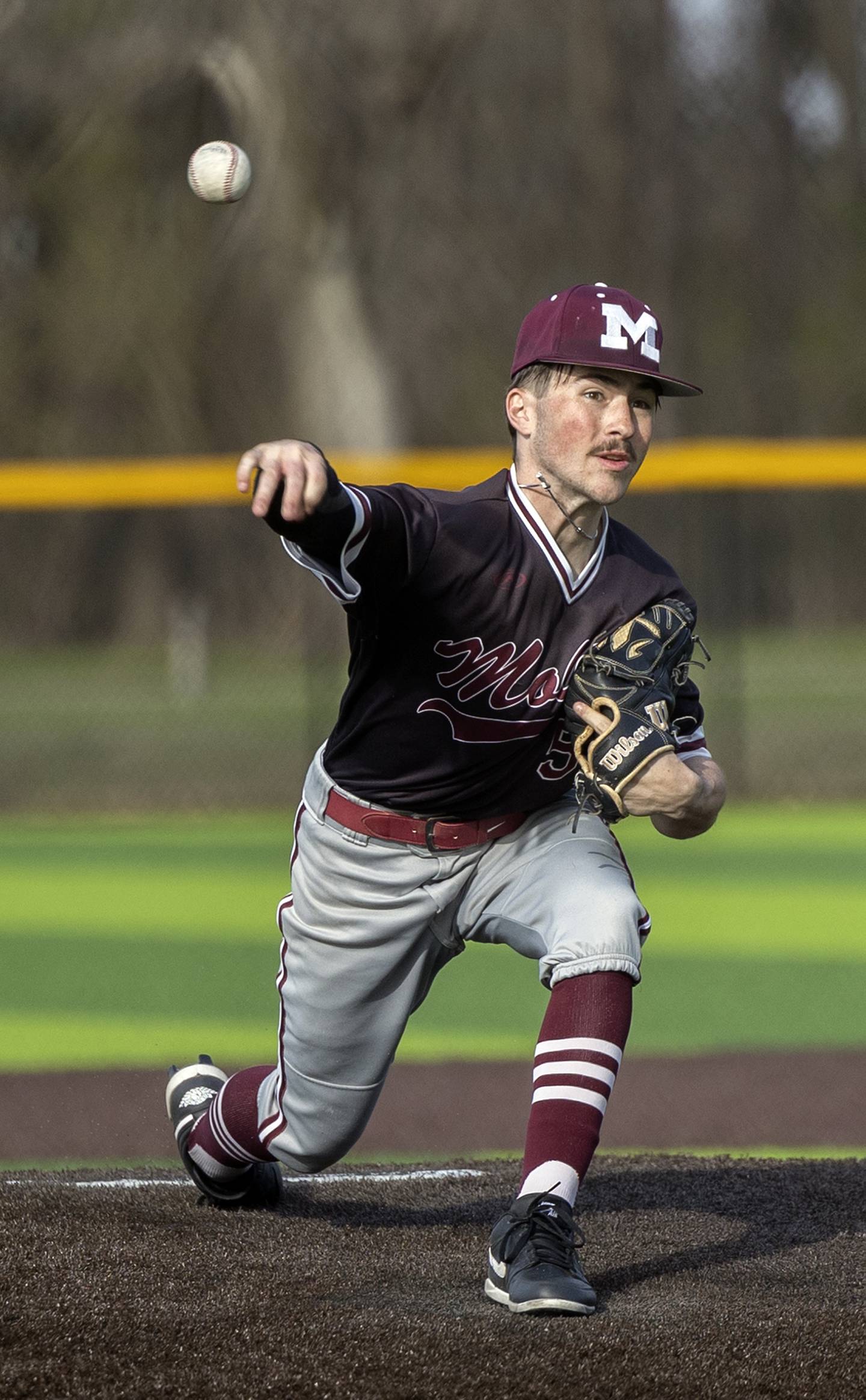 Moline’s Zach Peterson fires a pitch against Sterling Wednesday, April 16, 2025.