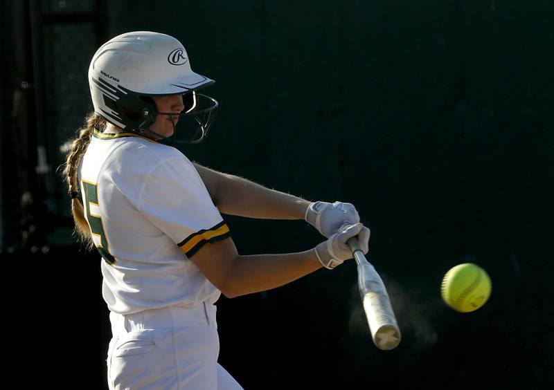 Crystal Lake South's Anna Wiggs hits the ball during a Fox Valley Conference softball game Monday, May 16, 2022, between Crystal Lake South  and Burlington Central at Crystal Lake South High School.