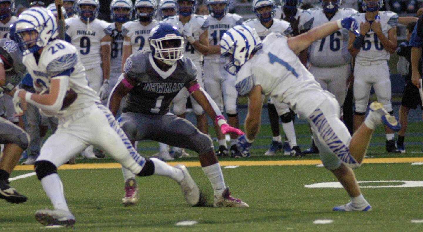 Princeton's  Ayden Agushi runs the ball upfield. Newman Central Catholic H.S hosted Princeton H.S. in a non-conference football game at Sterling H.S, on Friday, August 29, 2025.