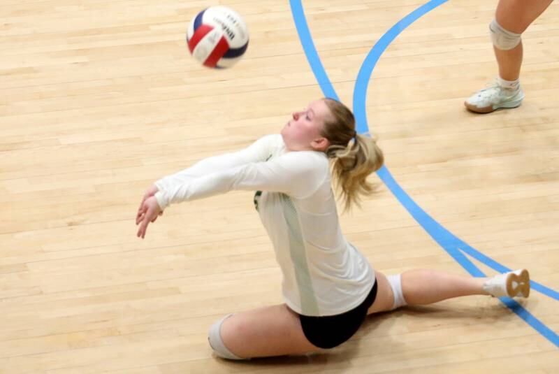 Seneca's Lauryn Barla digs the ball against Henry-Senachwine during the Tri-County Conference Championship game on Thursday, Oct. 17, 2024 in Bader Gym at Marquette High School.