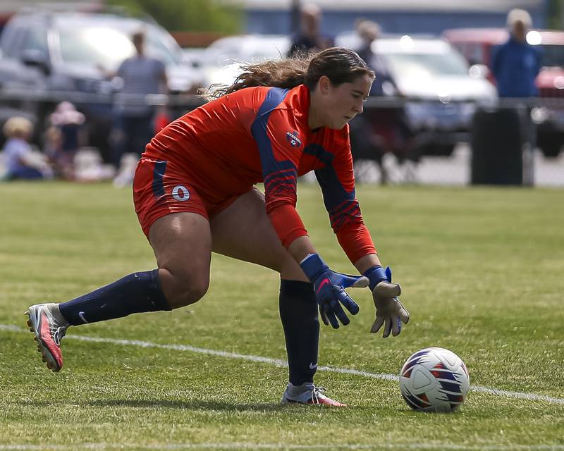 Oswego's Kyla Baier (0) reaches for the ball during Class 3A regional final soccer match between Neuqua Valley at Oswego on Saturday, May 23, 2026 in Oswego.
