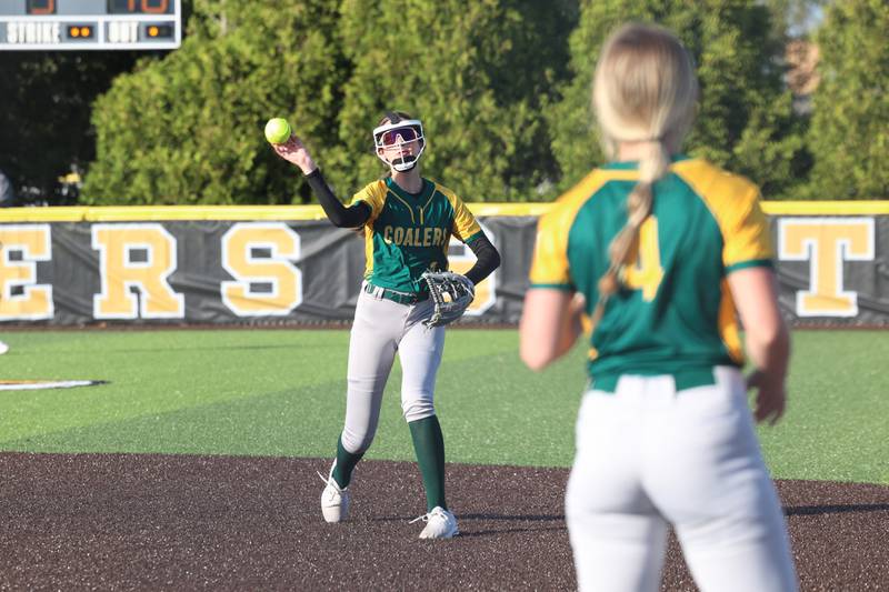 Coal City's Leah Jensen throws to first for an out during Coal City's 14-10 victory over Herscher on Monday, April 20, 2026.