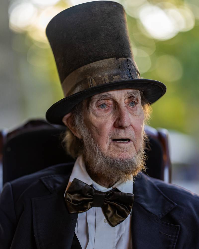 Abraham Lincoln, portrayed by Max Daniels speaks to his generals after the simulated battle during the Shadows Of The Blue and Gray Civil War reenactment at City County Park on October 10, 2025 in Princeton.