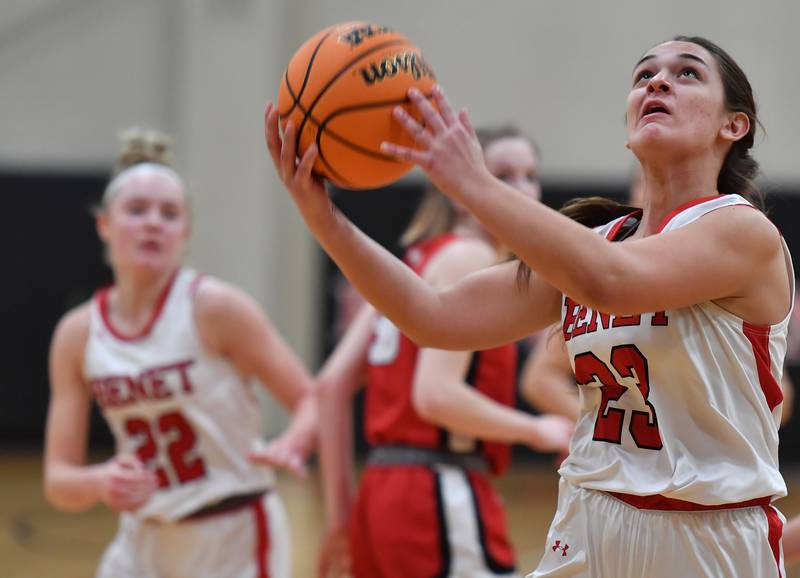 Benet’s Brooke Bafia lays the ball up during a game against Marist on January 8, 2025 at Benet Academy in Lisle.