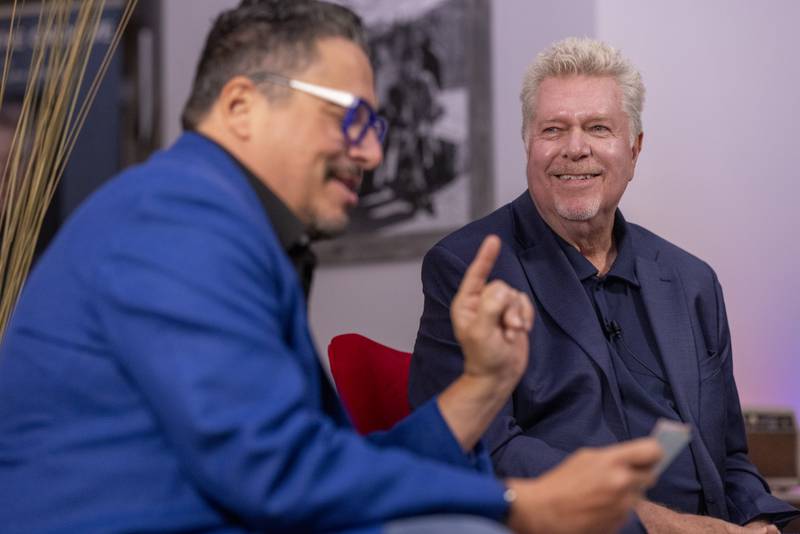 Jerry Phlippeau (left) interviews legendary drummer, John "JR" Robinson (right) during a live evening broadcast in Peru on October 1, 2024.