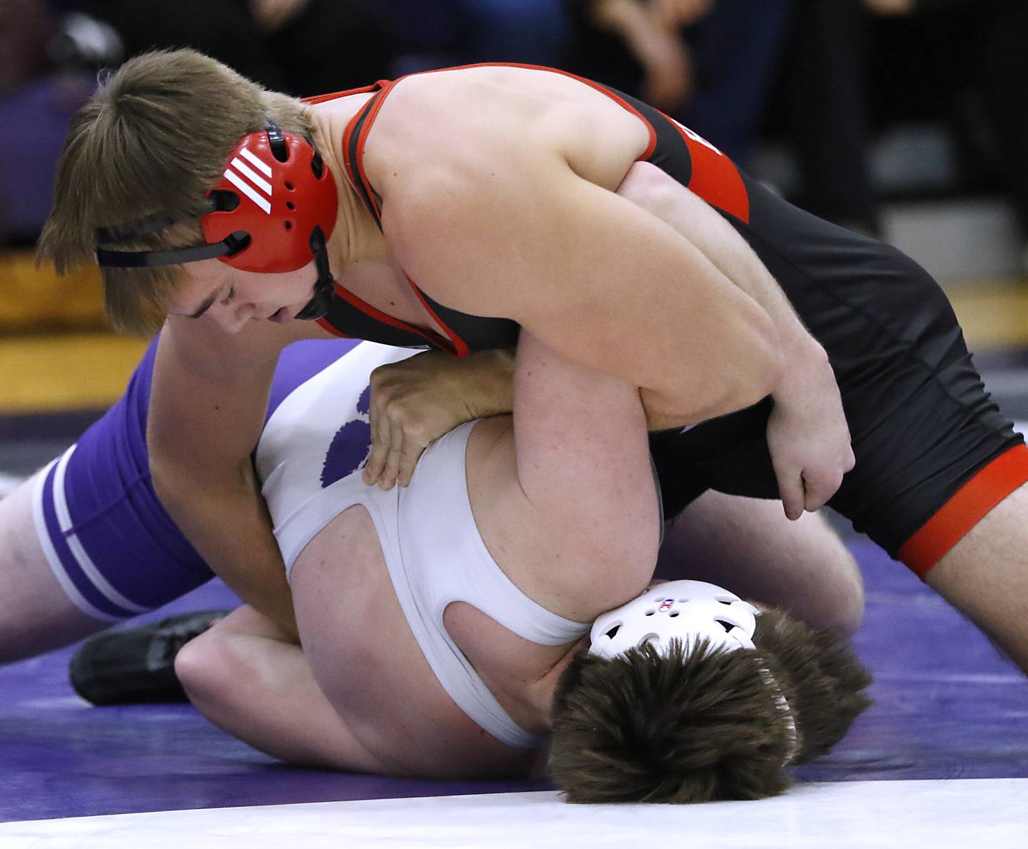 Huntley’s Mason Maldonado controls Hampshire's Max Oleferchik during the 215-pound match of a Fox Valley Conference wrestling meet on Wednesday, Jan. 8, 2025, at Hampshire High School.