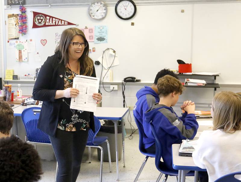 Megan McDaniel, who recently received her Master of Arts degree from Harvard University, teaches a literacy class Wednesday, April 19, 2023, at Northwood Middle School in Woodstock.