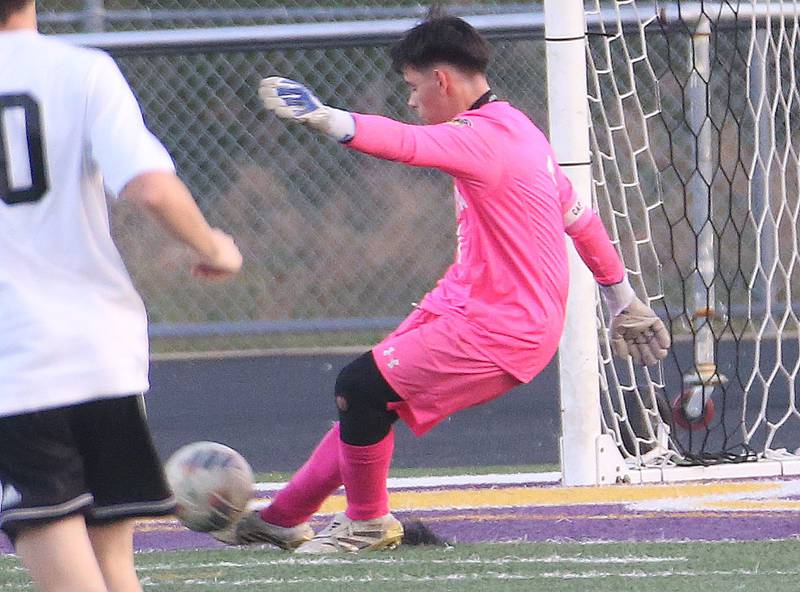 Mendota keeper Mateo Goy kicks the ball out of the box during the Three Rivers Tournament on Thursday, Oct. 2, 2025 at Mendota High School.