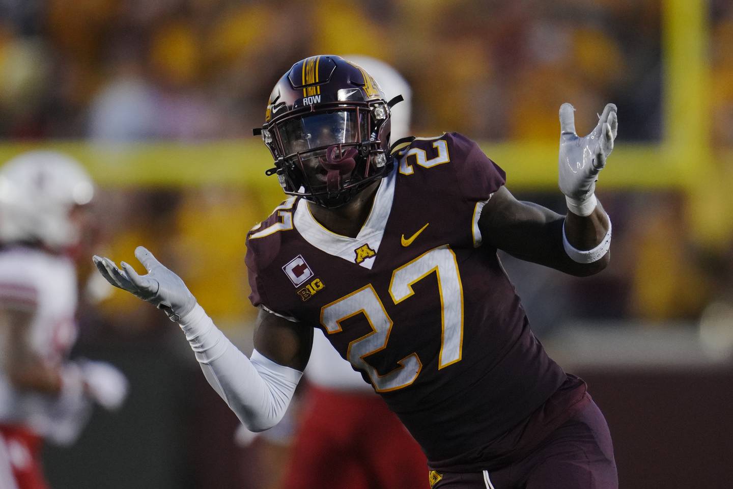 Minnesota defensive back Tyler Nubin celebrates after intercepting a pass during the first half against Nebraska, Thursday, Aug. 31, 2023, in Minneapolis.