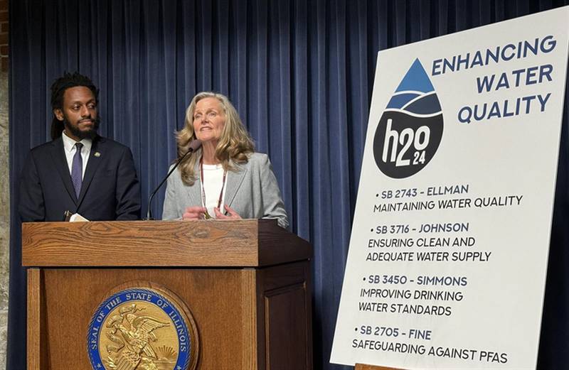 Sen. Laura Ellman (right), D-Naperville, and Sen. Mike Simmons, D-Chicago, present their bills on water quality along with other Democratic senators at the Capitol on Wednesday.