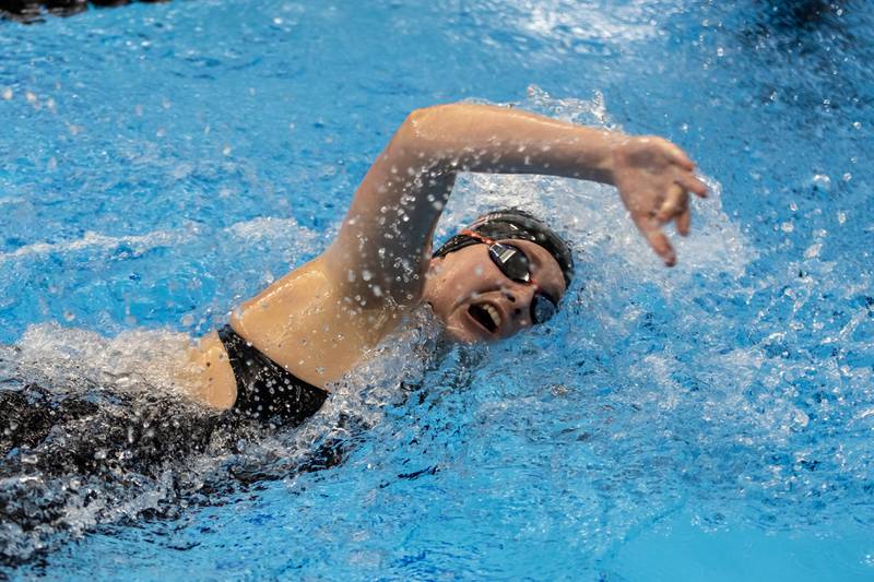 Lockport’s Haley Malloy competes in the 500 Yard Freestyle during the IHSA Girls State Swimming Preliminaries at FMC Natatorium in Westmont on Nov. 14, 2025.