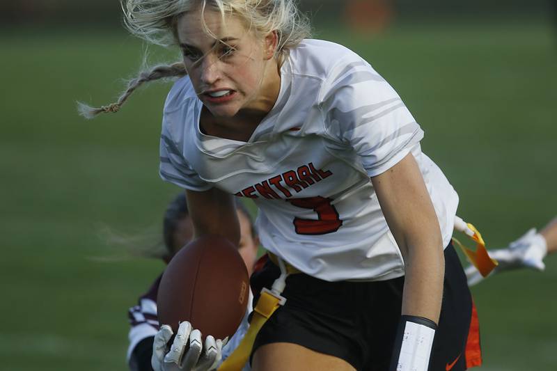 Crystal Lake Central's Ruby Macke runs for a touchdown after catching a pass during a girls flag football game agains Prairie Ridge on Thursday, Sept. 4, 2025, at Prairie Ridge High School in Crystal Lake.