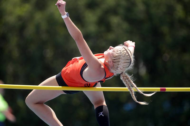Wheaton Warrenville South’s Haylie Hinckley competes in the 3A high jump competition during the IHSA State Track and Field Finals at Eastern Illinois University in Charleston on Saturday, May 20, 2023.