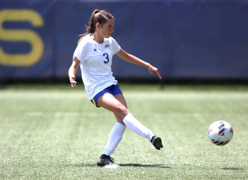 Johnsburg’s Charlie Eastland chips in the winning penalty kick goal against Willows Academy in IHSA Class 1A Supersectional soccer action at Dominican University in River Forest on Saturday, May 31, 2025.