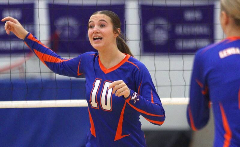 Genoa-Kingston’s Bria Botterman celebrates a point against Marian Central in varsity volleyball tournament action on Saturday, Sept. 21, 2024, at Hampshire High School in Hampshire.
