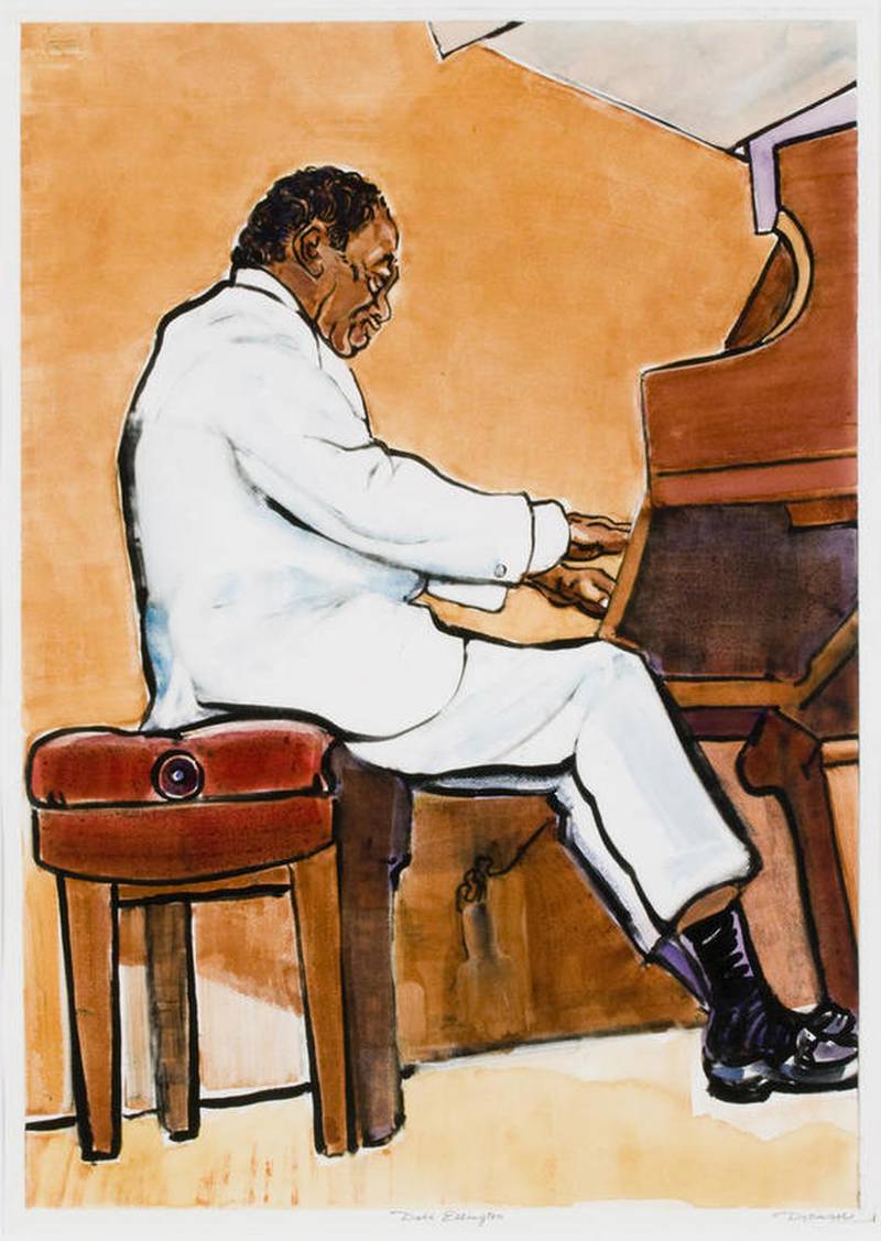 A painting of jazz musician Duke Ellington is on display as part of MCC’s “Portrait in Print Collection” showcased in the library and Liebman Science Center through Feb. 29.