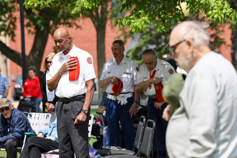 Veterans observe a moment of silence on Monday, May 26, 2025, during the Kankakee County Veterans' Council annual Memorial Day Ceremony at the Kankakee County Courthouse.