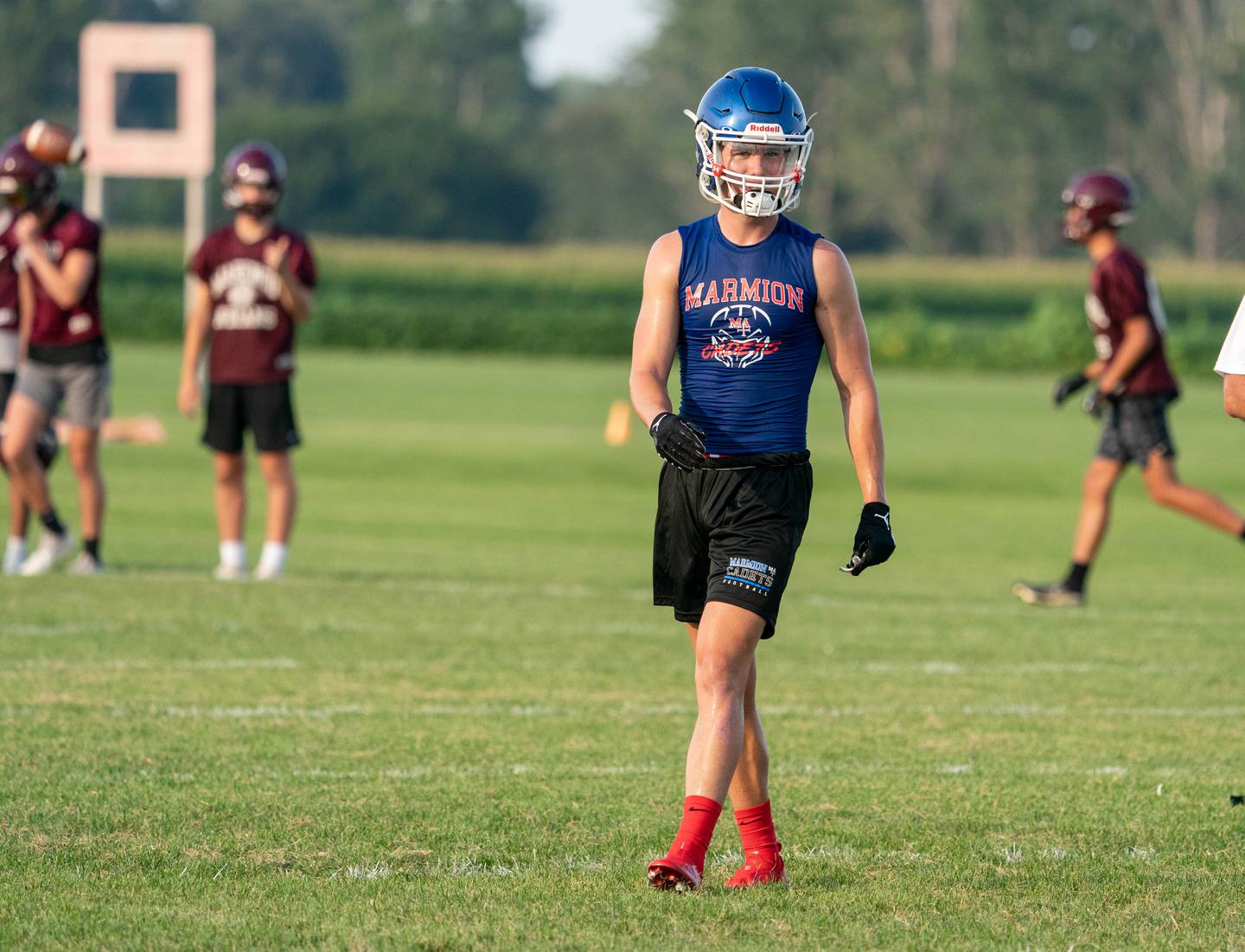 Marmion’s Dane Pardridge takes the field during a 7 on 7 football scrimmage at Kaneland High School in Maple Park on Tuesday, Jul 27, 2021.