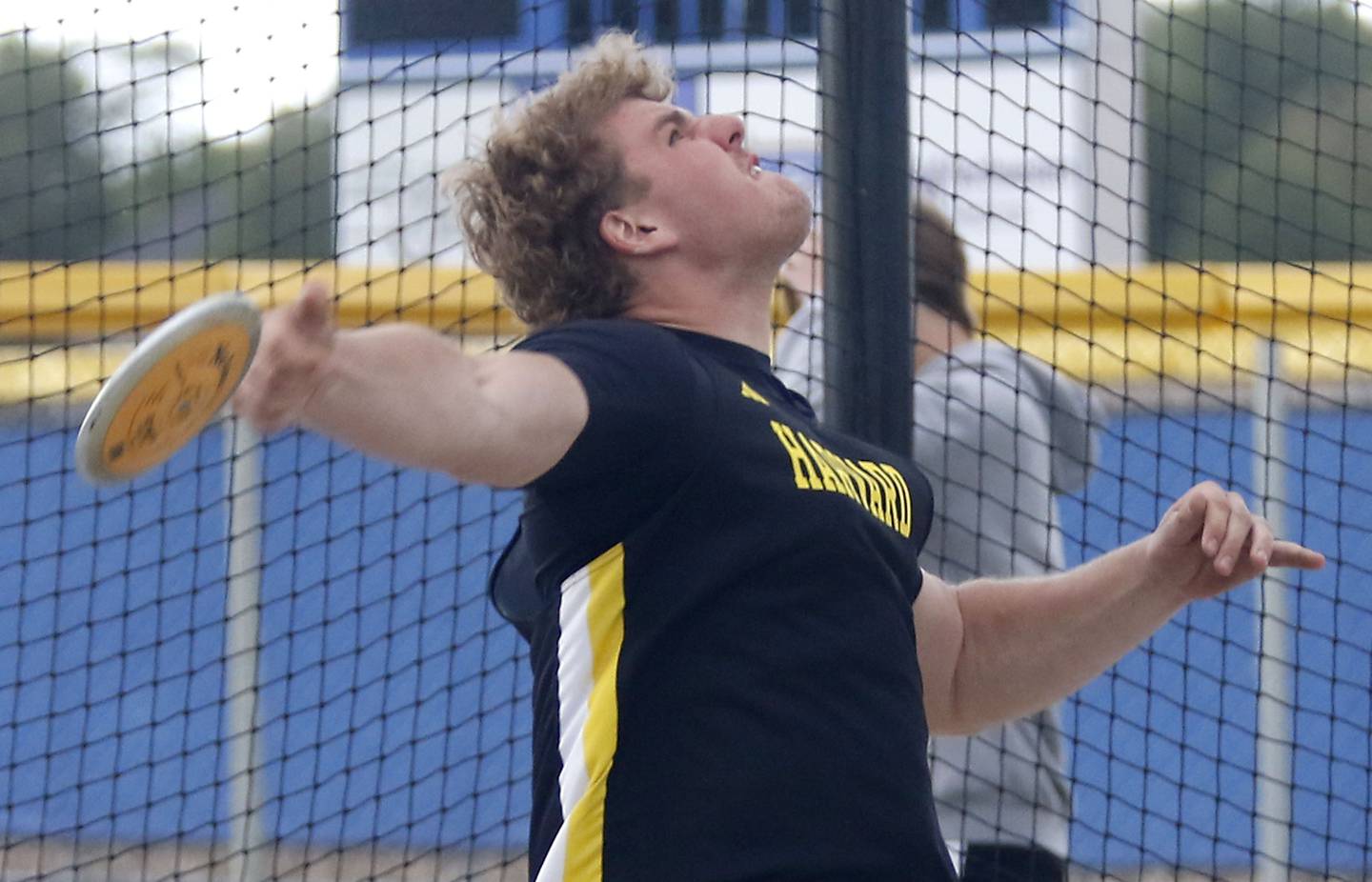 Harvard’s Braden Wittum throws the discus during the Kishwaukee River Conference Boys Track and Field Meet on Tuesday, May 12, 2026, at Johnsburg High School.