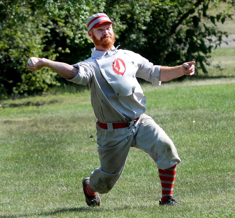 Oregon Ganymede infielder Tim Brinkmeier throws to first at the World Tournament of Historic Base Ball  held at the Henry Ford Museum's Greenfield Village on Sunday, Aug. 10, 2025.