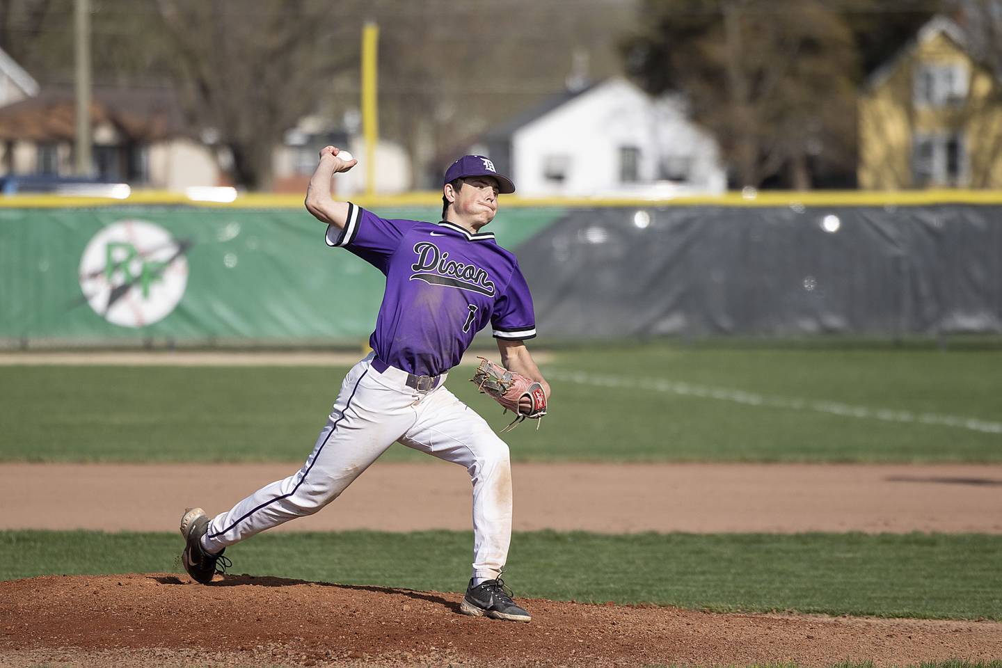 Dixon’s Alex Harrison fires a pitch against Rock Falls on Tuesday, April 18, 2023.