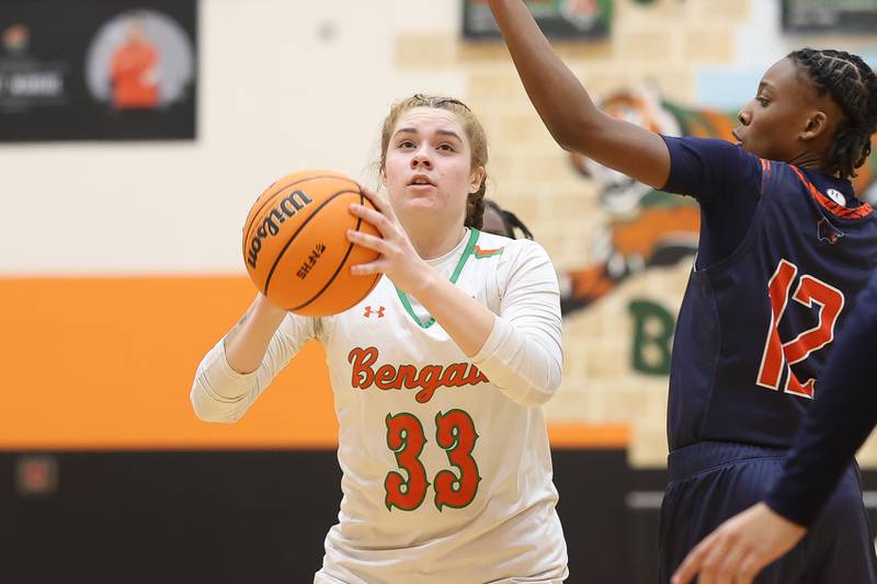 Plainfield East’s Emma Rodgers takes a shot against Oswego on Tuesday, Jan. 13, 2026 in Plainfield.