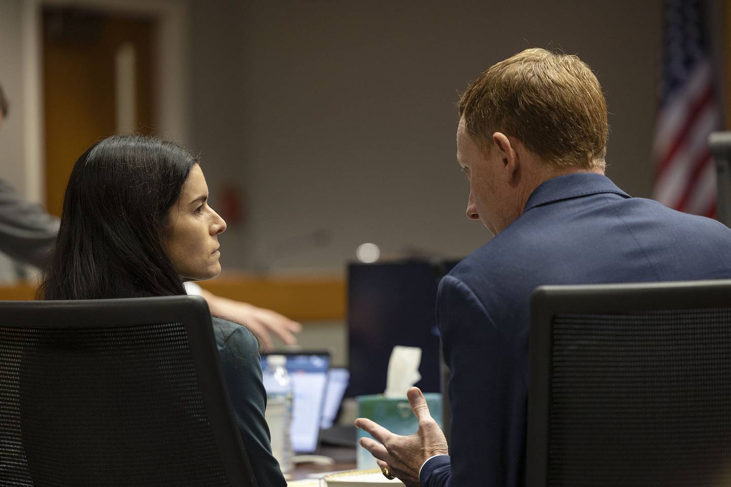 Brittany Ramos speaks with her attorney Michael Gallagher on Wednesday, Nov. 5, 2025, during her wrongful death suit trial against the Rock Falls Fire Department.