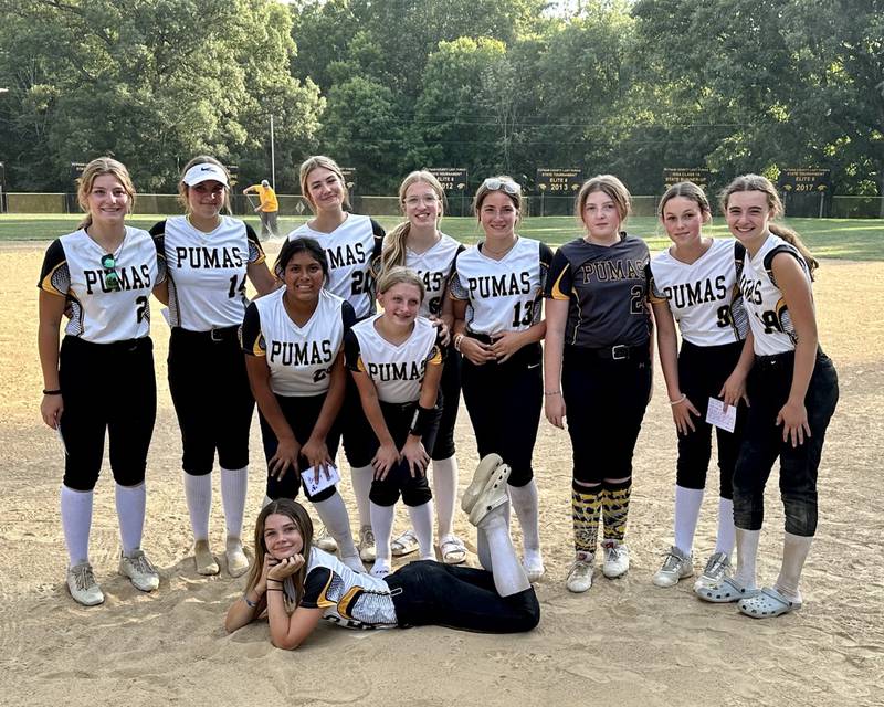 The Putnam County Pumas softball team celebrated 8th grade night with a 10-0 win over Fieldcrest on Monday, Aug. 28. Pictured are (front) Sarah Schennum; (middle) Britney Trinidad and Eden Carlson; and (back row) Kennedy Holocker, Myah Richardson, Finley Rue, Piper Terando, Amelia Wozniak, Illiana Luke, Jaycee Dickey and Sofie Borri.