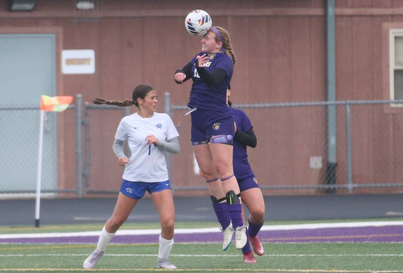 Mendota's Elaina Reddin puts a header on the ball as Princeton's Olivia Sandoval moves away during the Class 1A Regional final game on Tuesday, May 20, 2025 at Mendota High School.