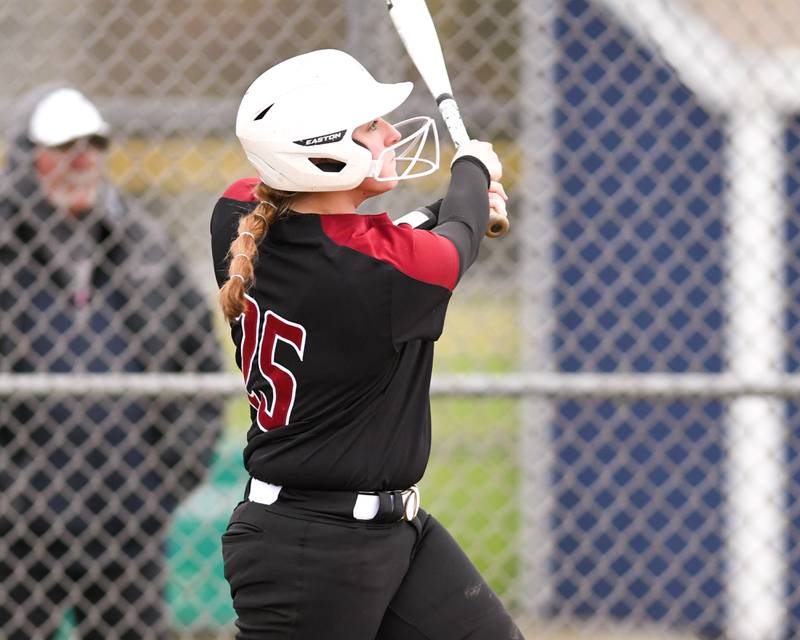 Plainfield North’s Abbey Mayes (25) watches the ball after making contact during the game on Thursday April 17, 2025, while traveling to take on Oswego East High School.
