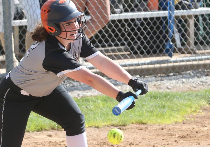 Woodland/Flanagan-Cornell's Kaylee Henert bunts the ball against St. Bede on Monday, April 29, 2024 at St. Bede Academy.