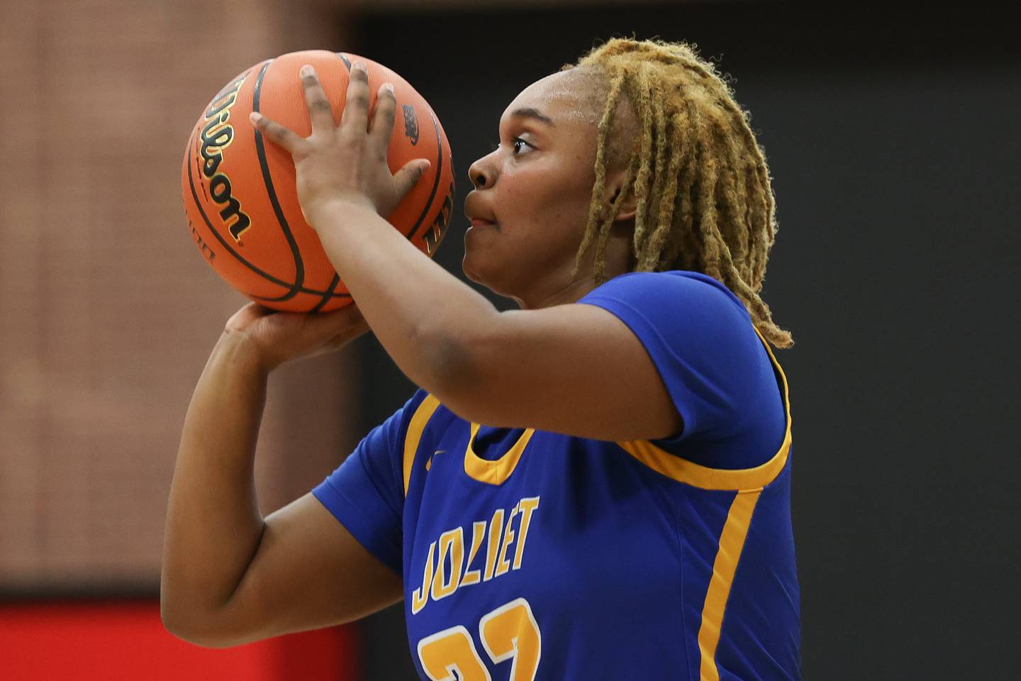 Joliet Central’s Alexis Bradley lines up a 3-point shot against Joliet West in the Class 4A Bradley-Bourbonnais Regional semifinals on Monday, February 13, 2023.