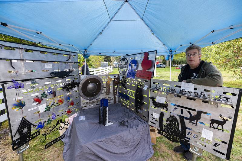Trobey Trotter of Dixon displays his metalwork Sunday, Sept. 7, 2025, at the Grand Detour Arts Festival. Trotter uses a plasma cutter and traditional blacksmith forging to craft his work.