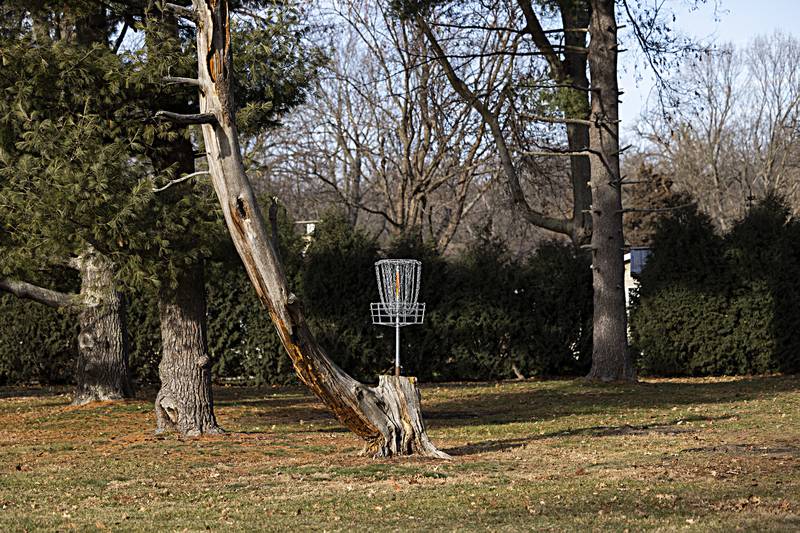 One of the more unique disk golf basket placements at Sinnissippi Park in Sterling.