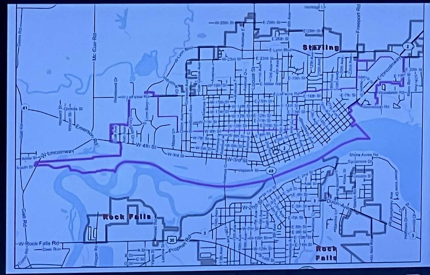 A map of Sterling's River Edge Redevelopment Zone (RERZ) is shared during a public hearing at City Hall on Oct. 6, 2025. The areas inside the purple lines are included in the RERZ.