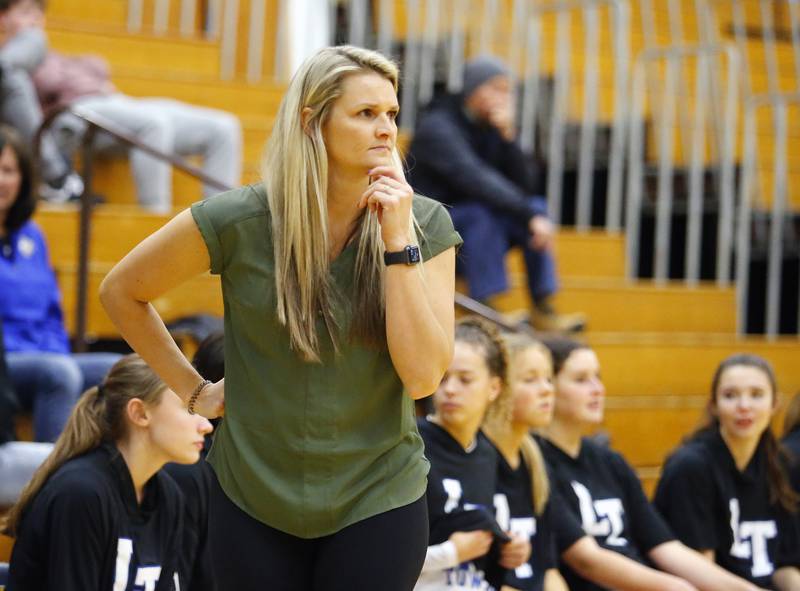 Lyons' coach Meghan Hutchens watches play during the girls varsity basketball game between Benet Academy and Lyons Township on Wednesday, Nov. 30, 2022 in LaGrange, IL.