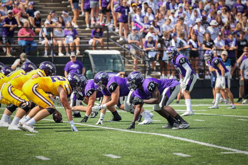 Wisconsin-Whitewater junior Justin Allen (73) lines up against Mary Hardin-Baylor on Sept. 10 in Whitewater. Allen helped the Warhawks defeat Mary Hardin-Baylor, the defending national champion and No. 1-ranked team in the country.