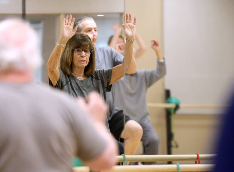 Barb Brown participates in a fitness class for active older adults at Ackerman Sports and Fitness Center in Glen Ellyn on Friday, Jan. 5, 2024.