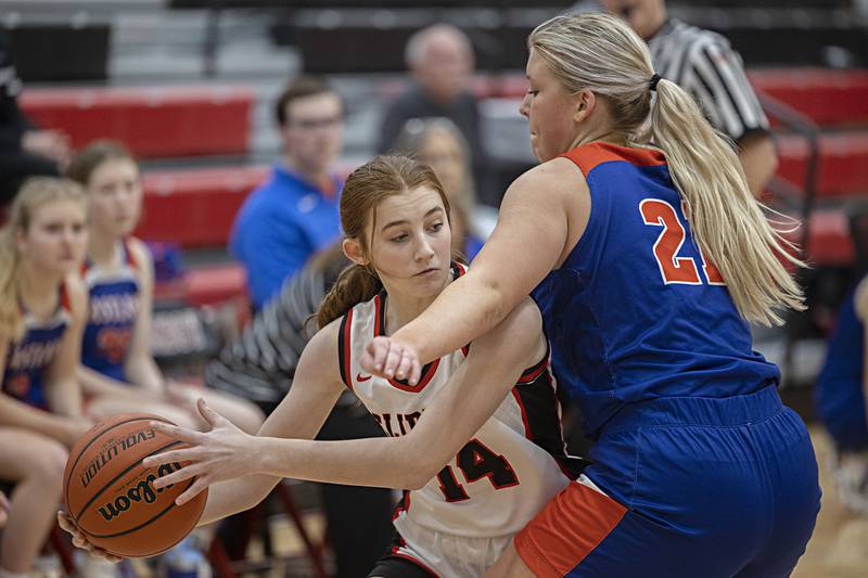 Amboy’s Jillian Anderson looks to pass against Eastland’s Olivia Klinefelter Friday, Jan. 19, 2024 at Amboy High School.